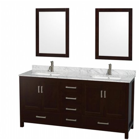 WYNDHAM COLLECTION Wyndham Collection WCS141472DESCMUNSM24 Sheffield 72 in. Double Bathroom Vanity in Espresso; White Carrera Marble Countertop; Undermount Square Sinks; and 24 in. Mirrors WCS141472DESCMUNSM24